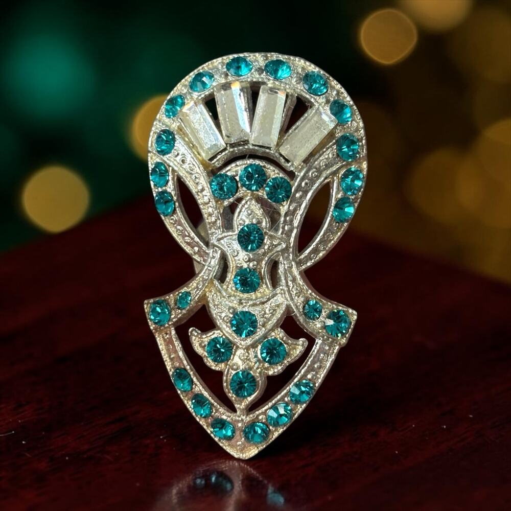 1930s Art Deco Aqua Rhinestone Dress Clip Machine Age Geometric Statement
